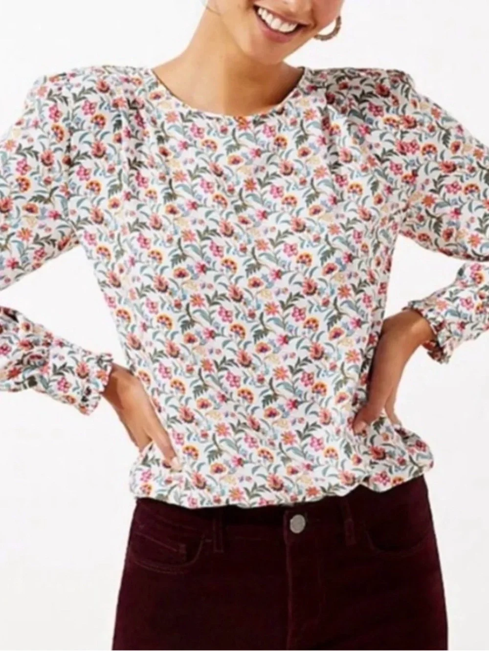 LOFT White Floral Puff-Sleeve Blouse